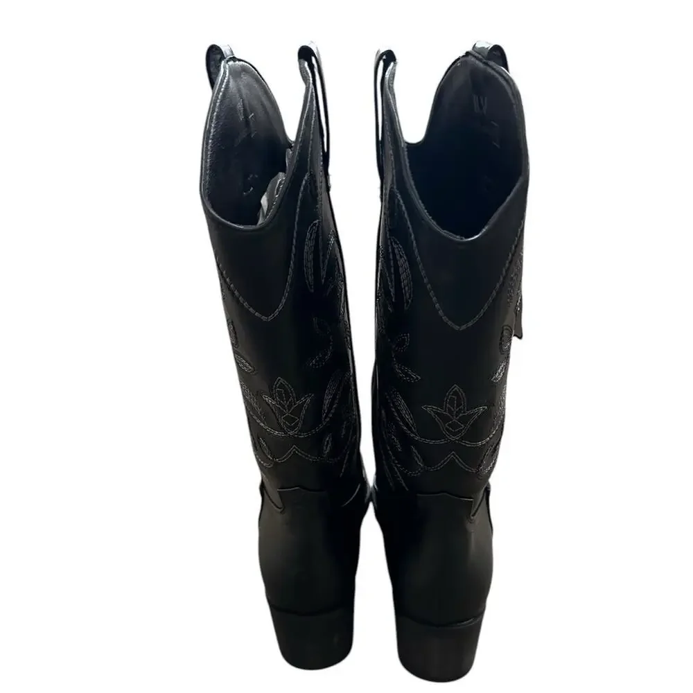 IUV Women’s Size 10 Black Leather Cowboy Cowgirl Boots Embroidered Pointy Toe